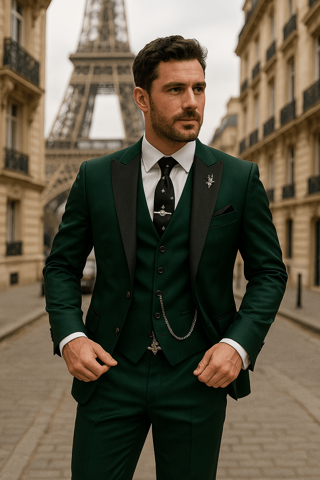 Men's slim fit 3-piece formal suit set, perfect for weddings & business attire. Elegant tailored fashion.