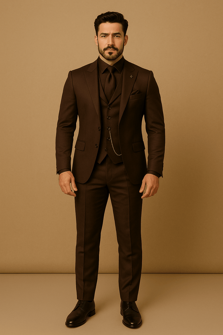 Front view of a men's slim fit 3-piece suit, including blazer & waistcoat, designed for formal events.