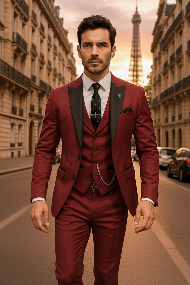 Tailored men's slim fit 3-piece formal suit, embodying elegance for weddings, parties, & business events.