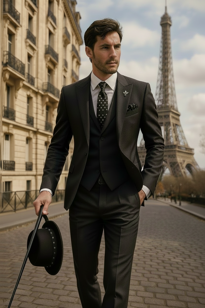 Classic men's slim fit 3-piece suit featuring a blazer, waistcoat & trousers for formal events.