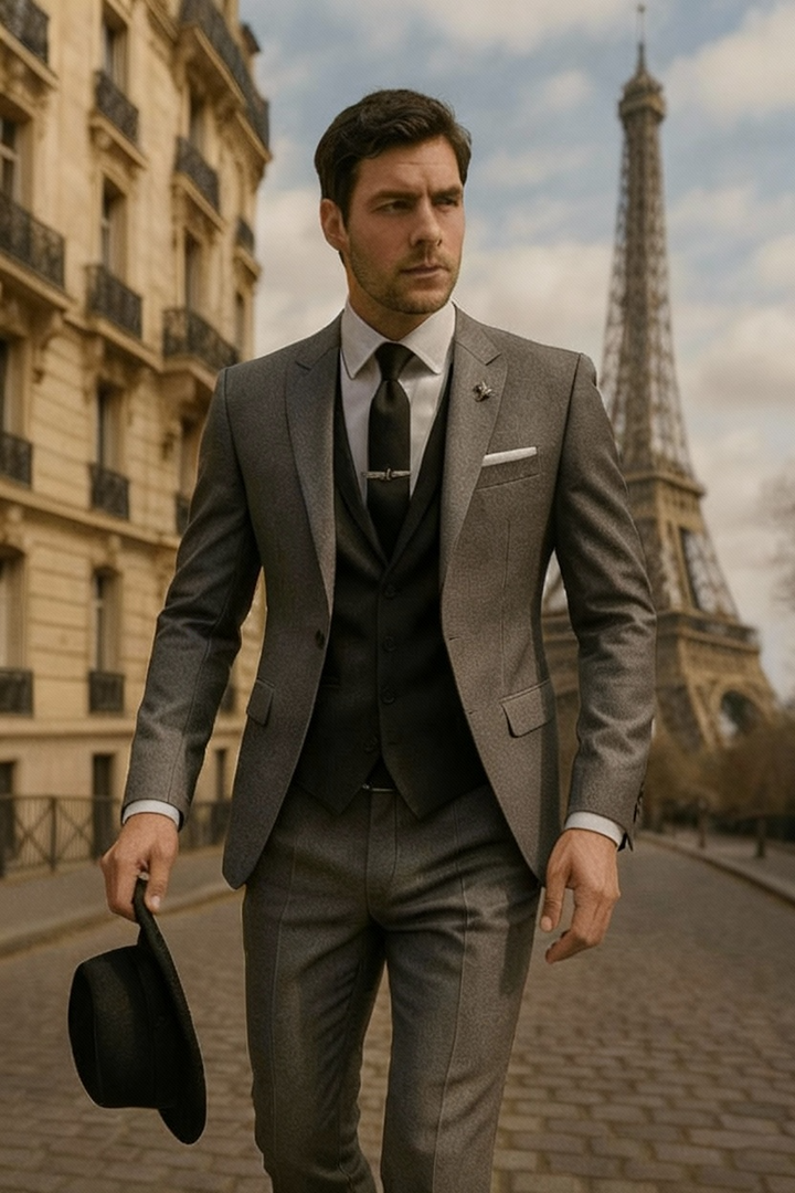 Sharp men's slim fit wedding suit. This 3-piece formal dress suit offers elegant business attire.