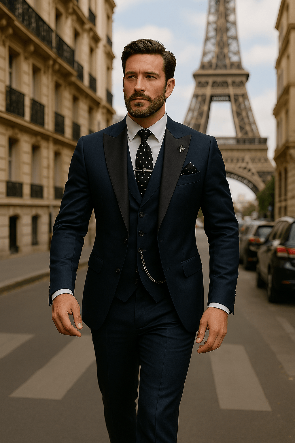 Detailed view of a men's slim fit blazer & waistcoat from a stylish 3-piece formal suit set.