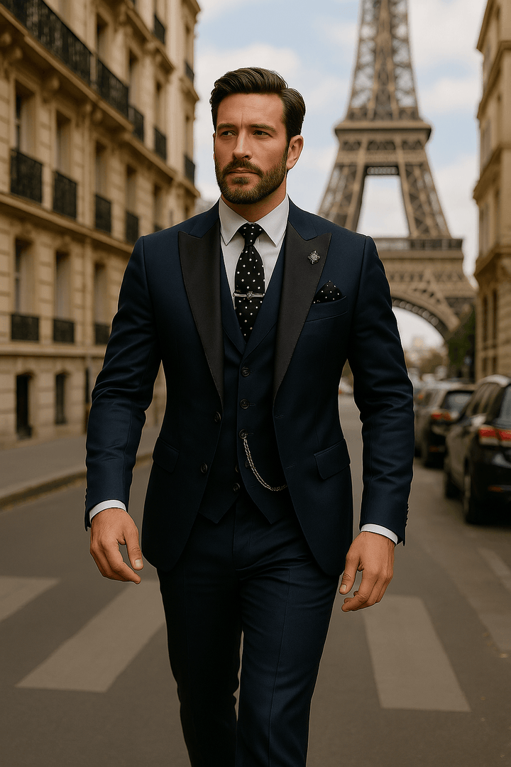 Detailed view of a men's slim fit blazer & waistcoat from a stylish 3-piece formal suit set.