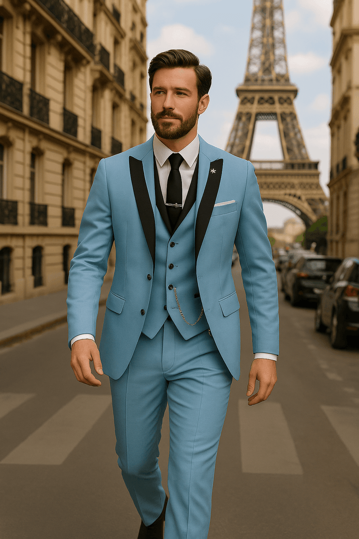 Men's elegant tailored 3-piece suit for formal events. Ideal slim fit design for modern business attire.
