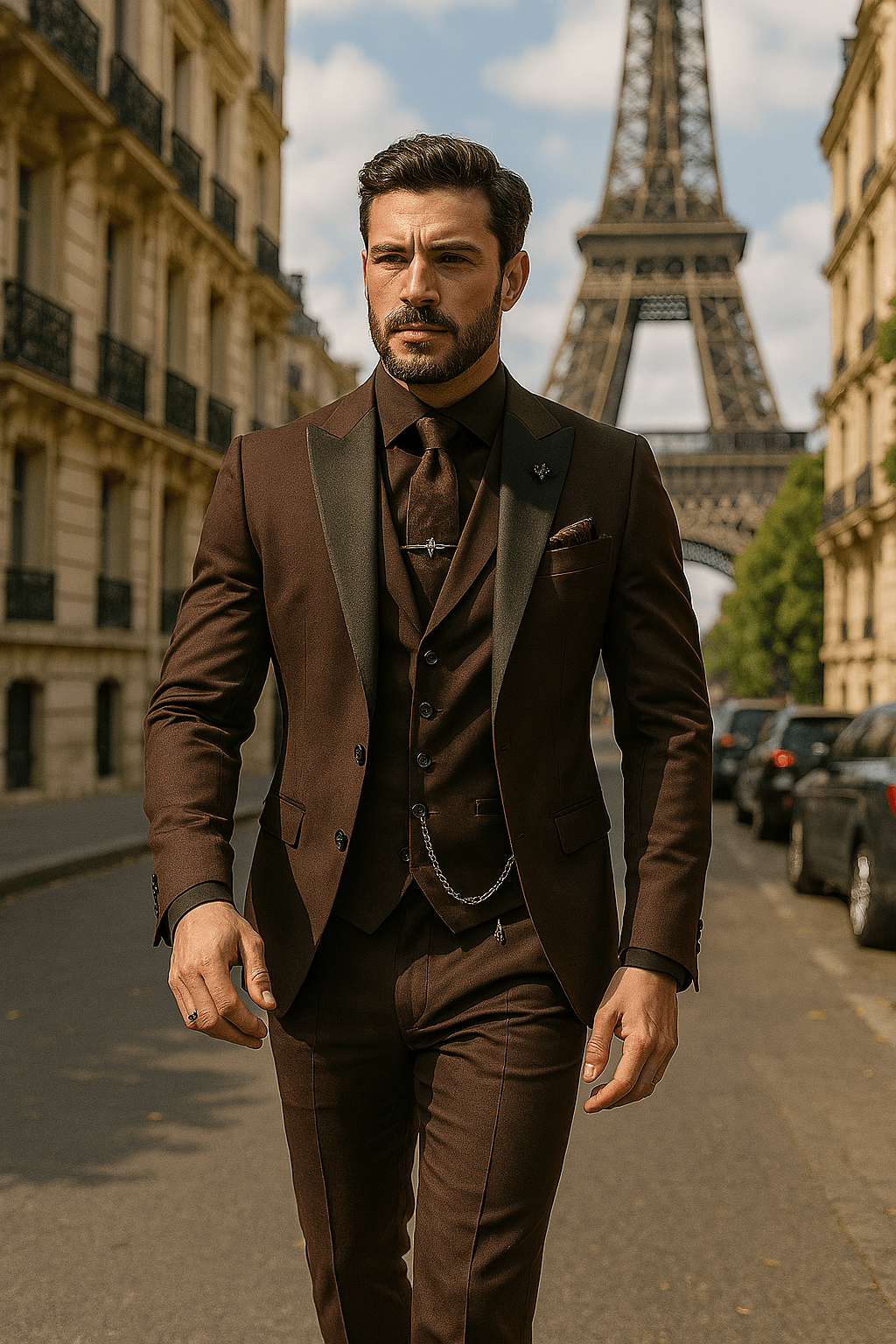 Stylish men's slim fit 3-piece suit, a complete formal wear outfit with blazer, waistcoat, & trousers.
