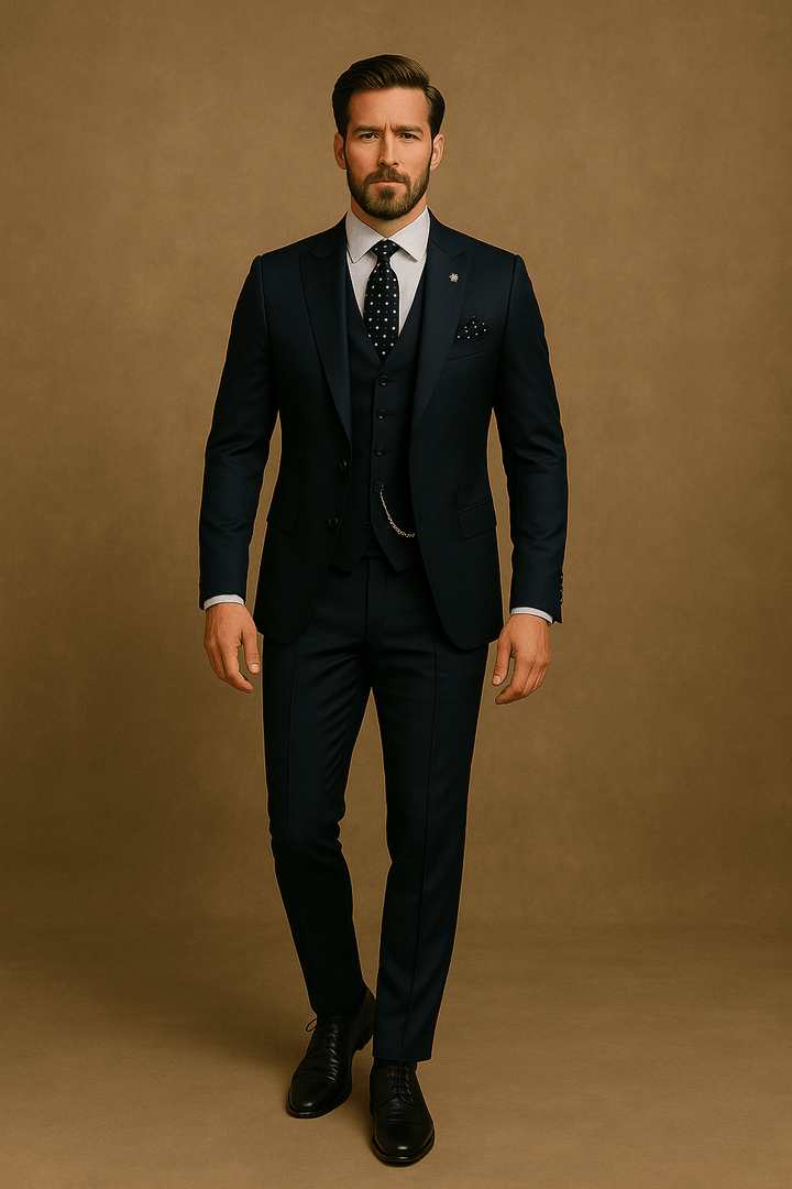 Sophisticated men's dress suit. This slim fit 3-piece set is perfect for formal occasions & events.