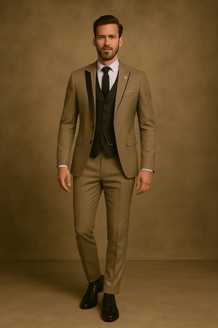 Modern men's slim fit 3-piece suit set, showcasing elegant formal wear and professional business attire.