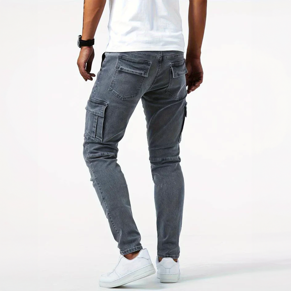 Model shot: Men's slim fit cargo pants, highlighting the flattering cut & practical side utility pockets.