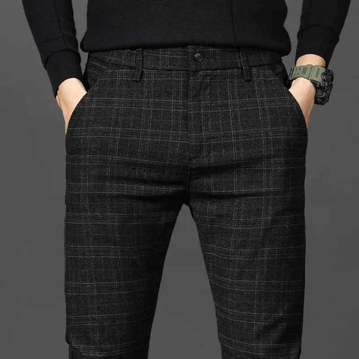 Men's slim fit checked dress trousers, perfect for smart casual or office wear. Stylish formal pants.