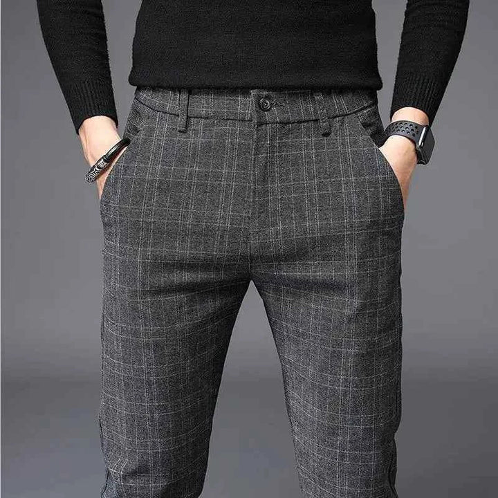 Stylish men's slim fit checked formal trousers for office wear & smart occasions. All-season dress pants.