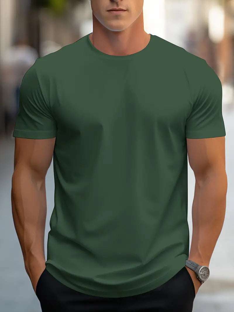 Casual men's slim fit crew neck t-shirt, short sleeve, perfect for warm weather or under jackets.