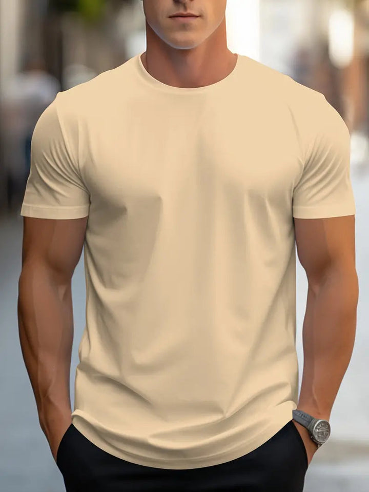 Modern men's slim fit crew neck t-shirt, short sleeve, showcasing a polished and neat aesthetic.