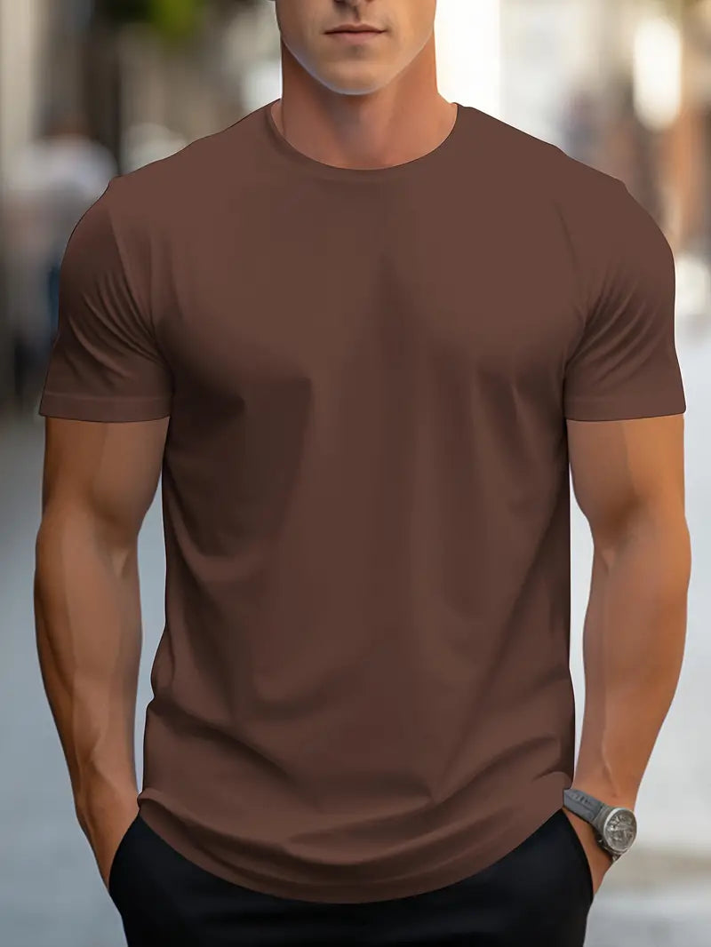 Clean-cut men's slim fit crew neck t-shirt, short sleeve, offering a timeless and neat neckline.