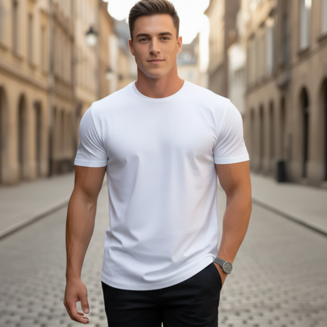Men's t-shirt: slim fit, short sleeve, crew neck. A versatile casual top for spring fashion.