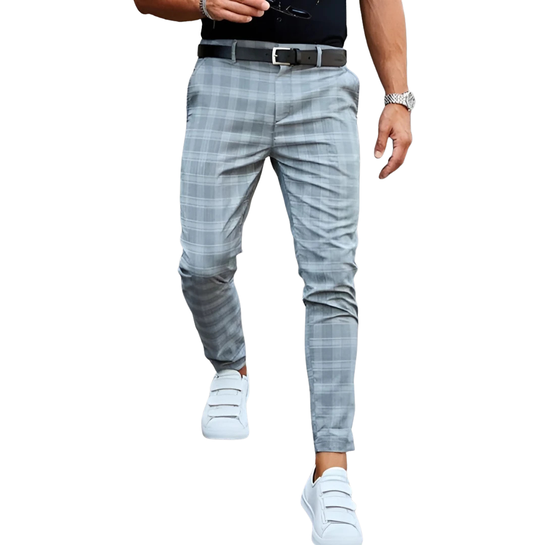Stylish men's cropped checked pants, slim fit and tapered, perfect for smart casual fashion.