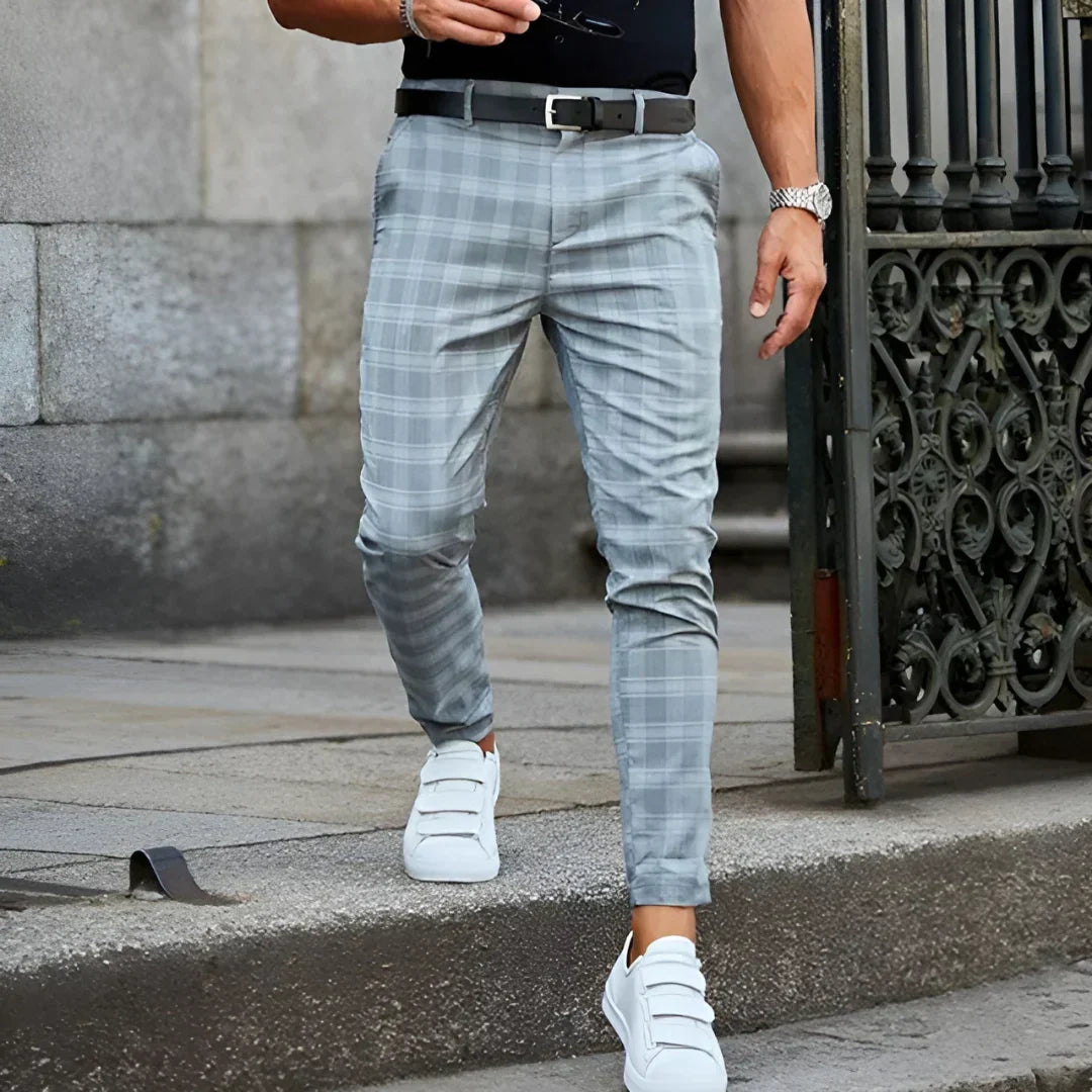 Men's slim fit checked pants, cropped to ankle length, perfect for a sharp and stylish smart casual outfit.