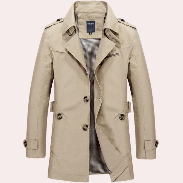 Khaki men's slim fit trench coat, double-breasted design, ideal for fall fashion