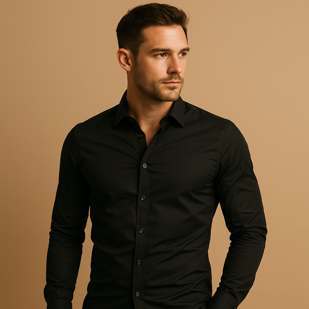 Men's slim fit dress shirt, modern tailored style, long sleeve, collared for versatile formal & casual wear.