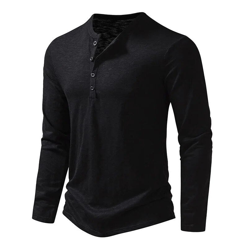 Modern men's fashion: slim fit henley shirt, long sleeve, essential for casual looks.
