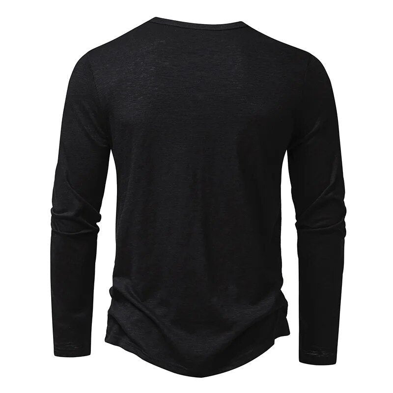 Comfortable men's apparel: long sleeve henley top with a modern slim fit cut.