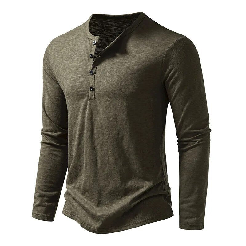 Stylish men's slim fit henley with buttons, perfect for modern casual looks.