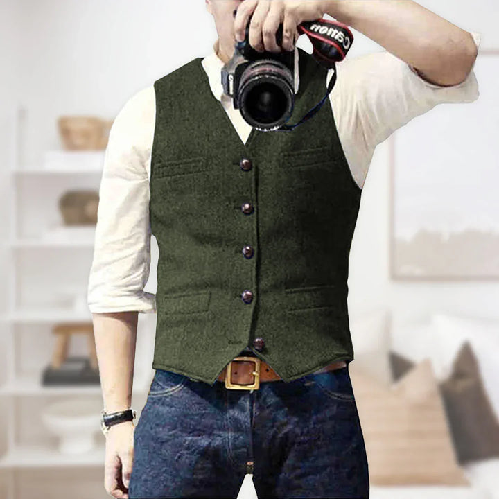 Versatile men's slim fit herringbone tweed waistcoat. Elegant menswear for weddings, business, and formal occasions.