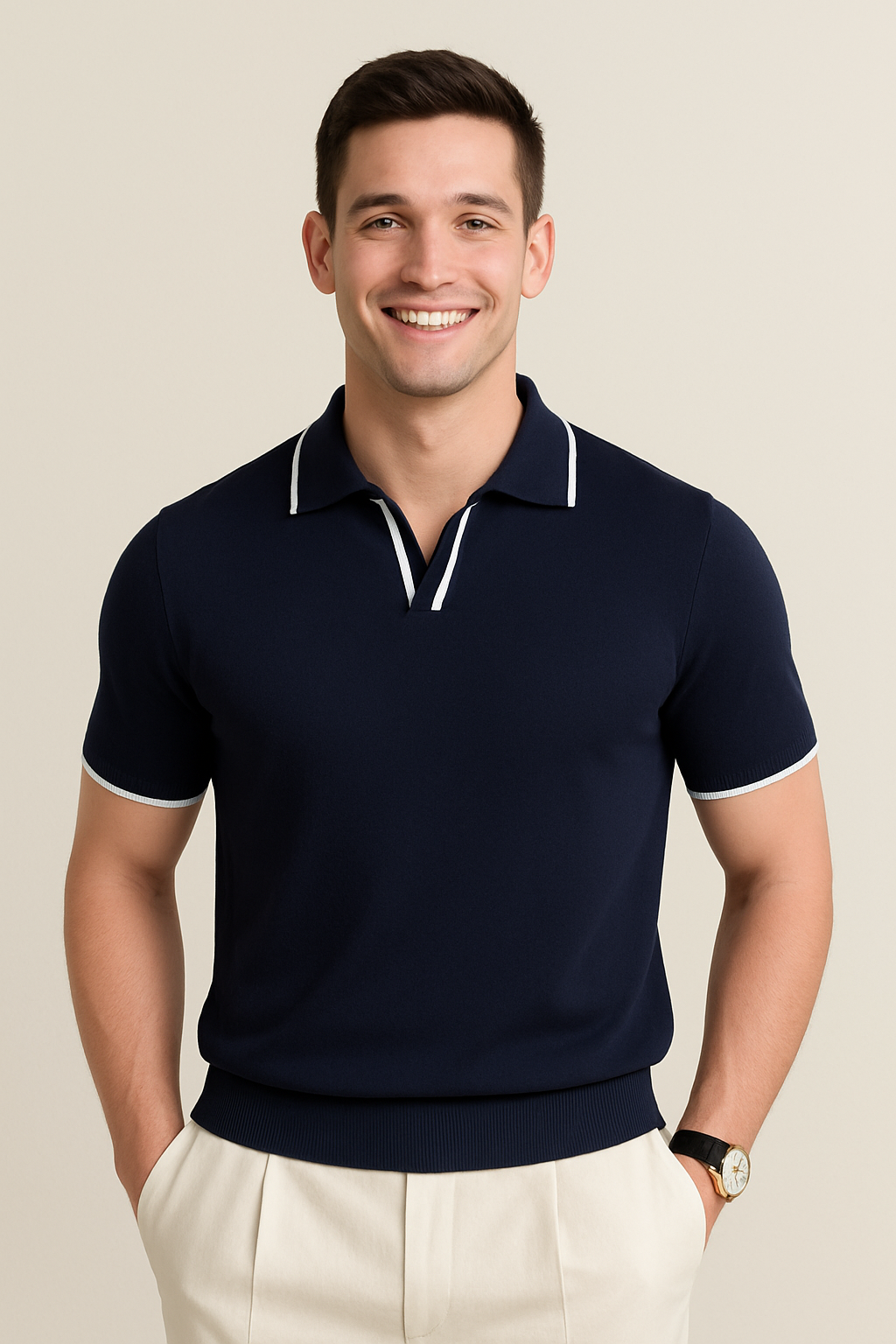 Men's slim fit knit polo shirt with contrast trim detail. Short sleeve, perfect for smart casual summer wear.