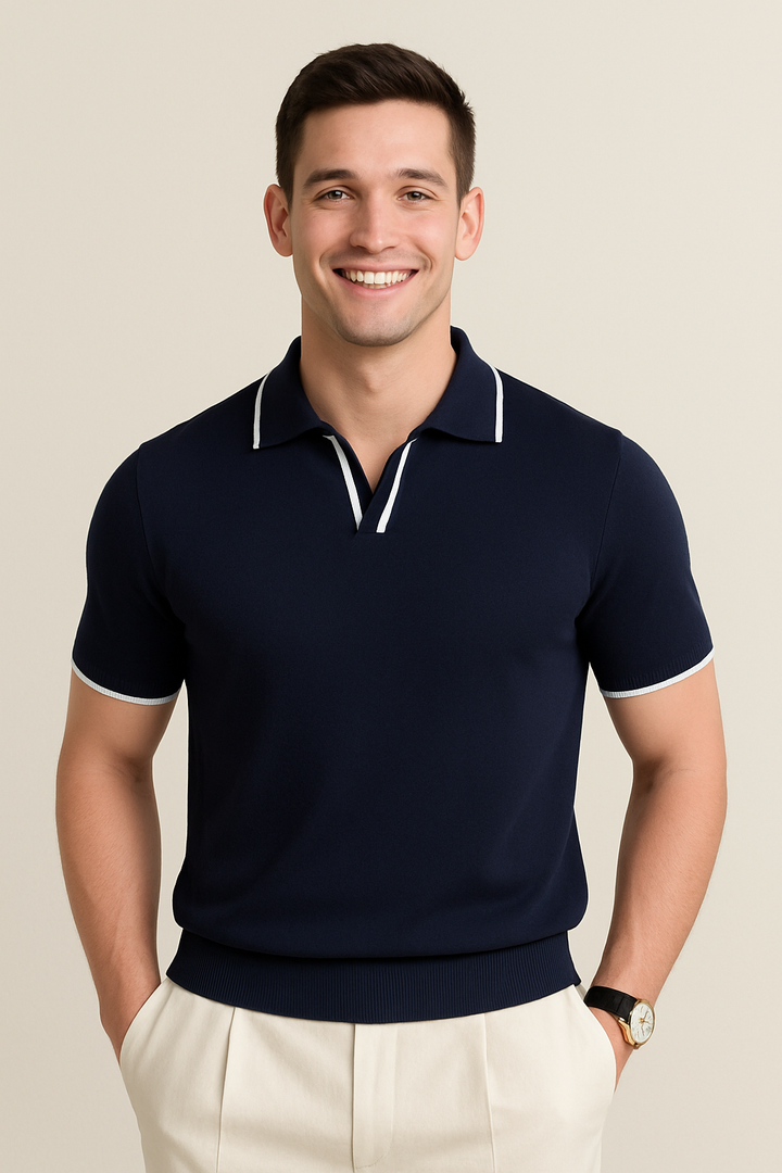 Men's slim fit knit polo shirt with contrast trim detail. Short sleeve, perfect for smart casual summer wear.