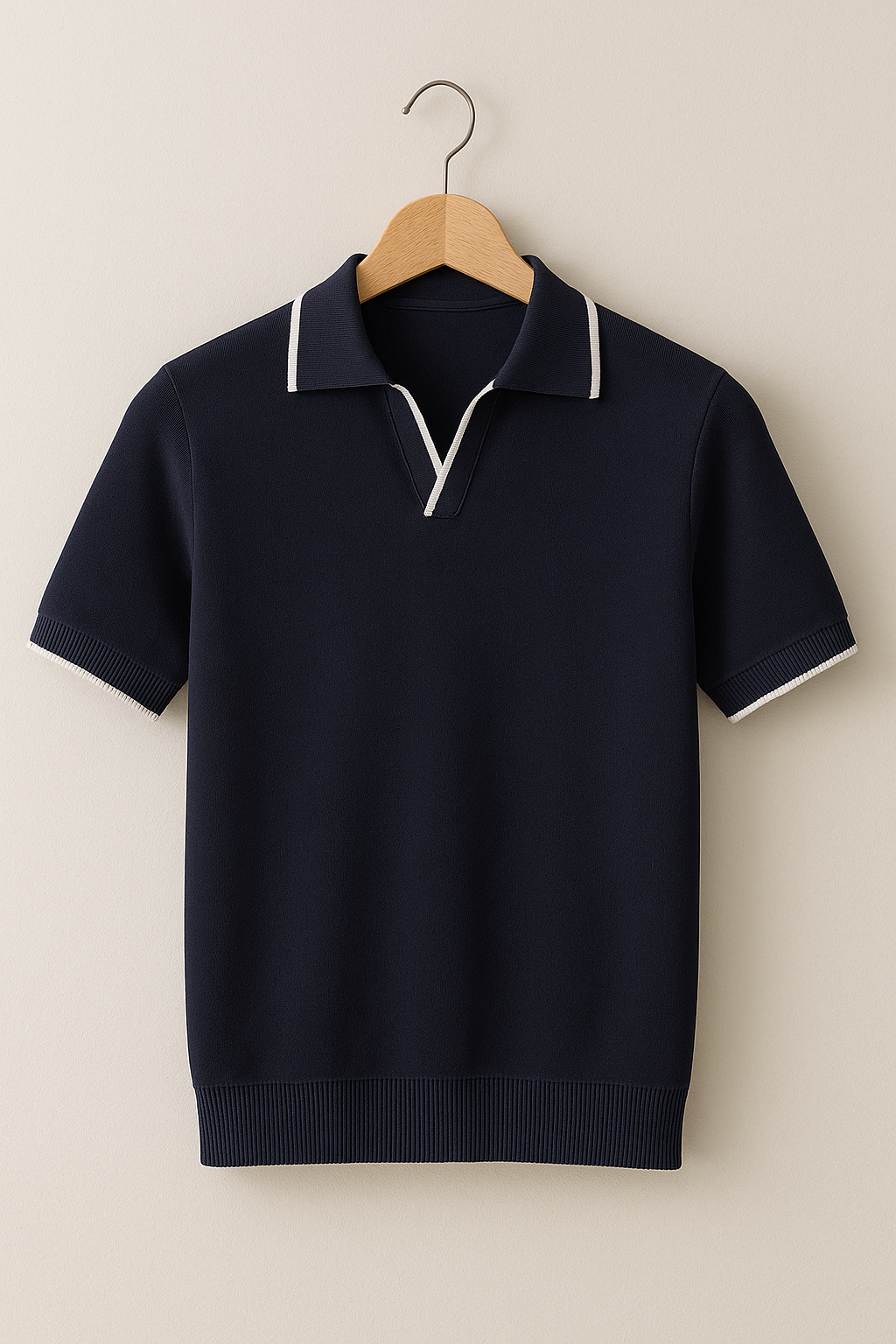 Slim fit men's knit polo top, ideal for casual wear. Features stylish contrast trim and short sleeves.