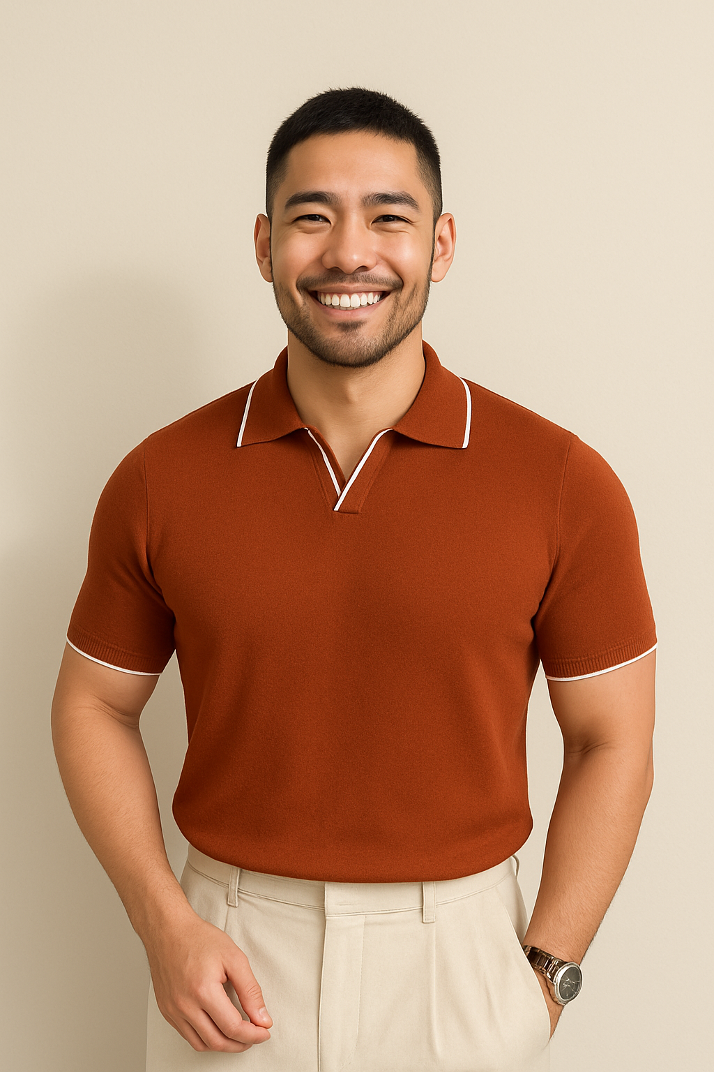 Versatile men's knit polo, slim fit and short sleeve. Perfect smart casual top with contrast trim for everyday style.