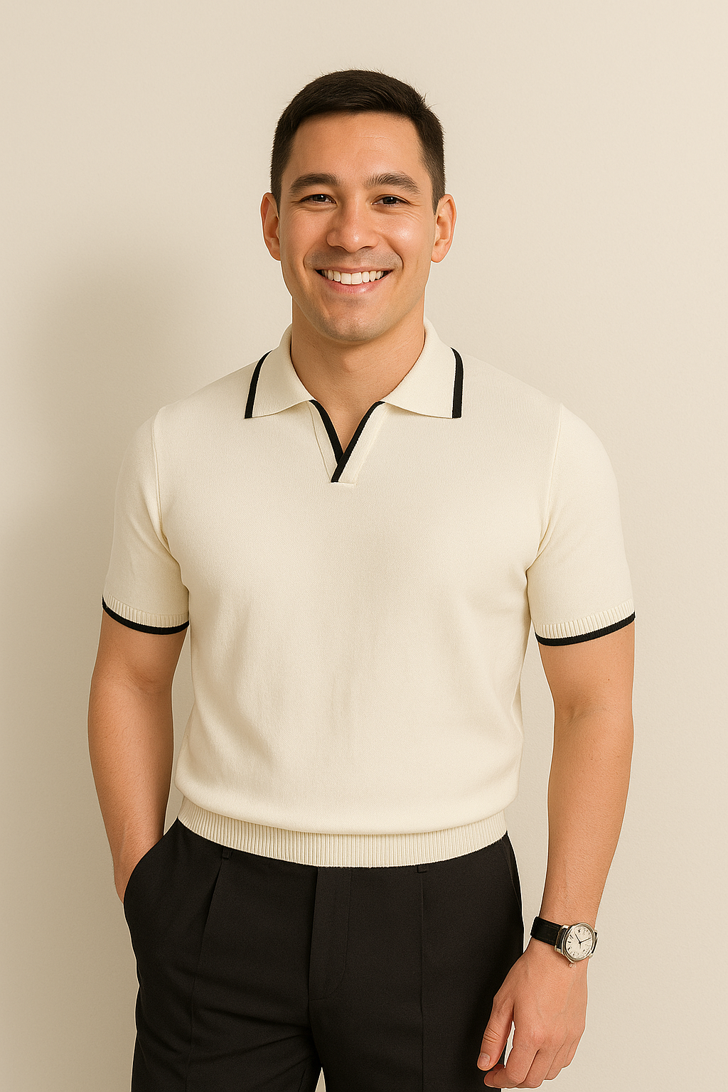 Stylish men's slim fit knit polo shirt. Short sleeve design with eye-catching contrast trim for a modern look.