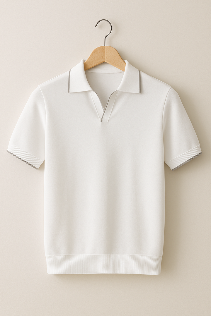 Men's slim fit short sleeve knit polo with contrast trim. Essential for casual & smart casual men's fashion.