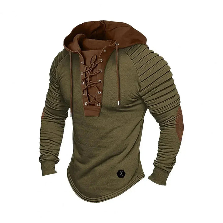Comfortable men's long sleeve hoodie with stylish lace-up detail, great for versatile fall fashion.