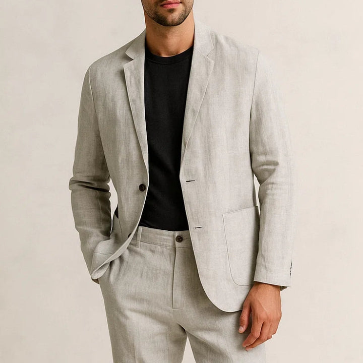 Modern men's linen suit set, including a light blazer and trousers, offering comfort and style.