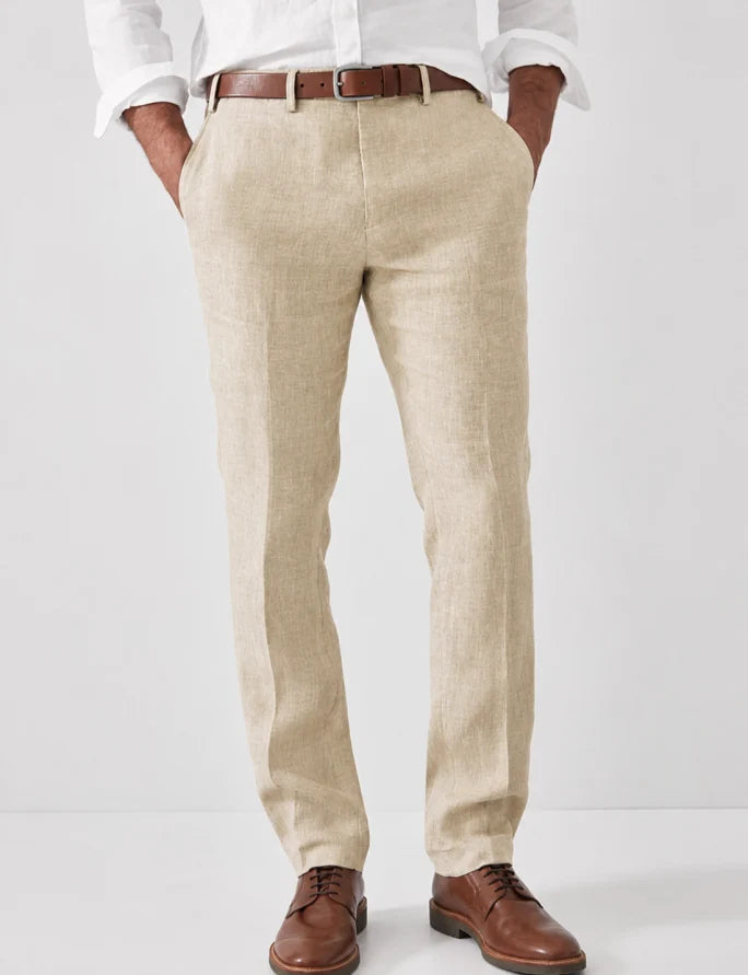 Men's slim fit linen dress pants, perfect for summer. Tailored, lightweight & breathable for smart casual comfort.