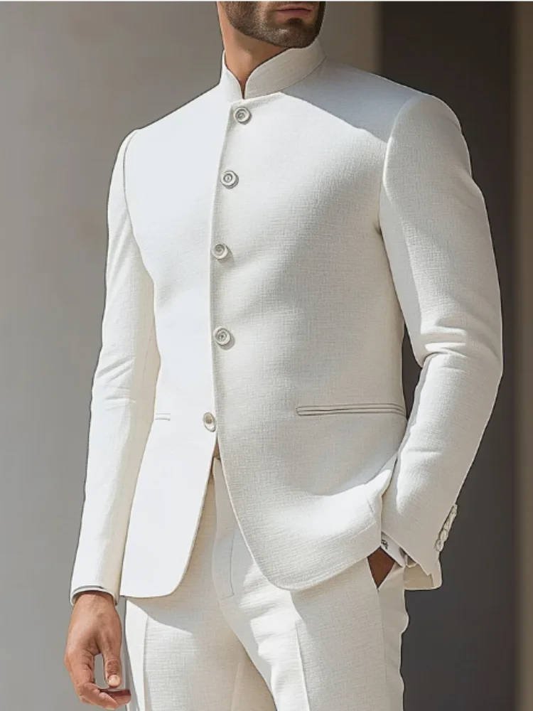 Men's slim fit Nehru suit with band collar, perfect for modern formal wear and special occasions like weddings.