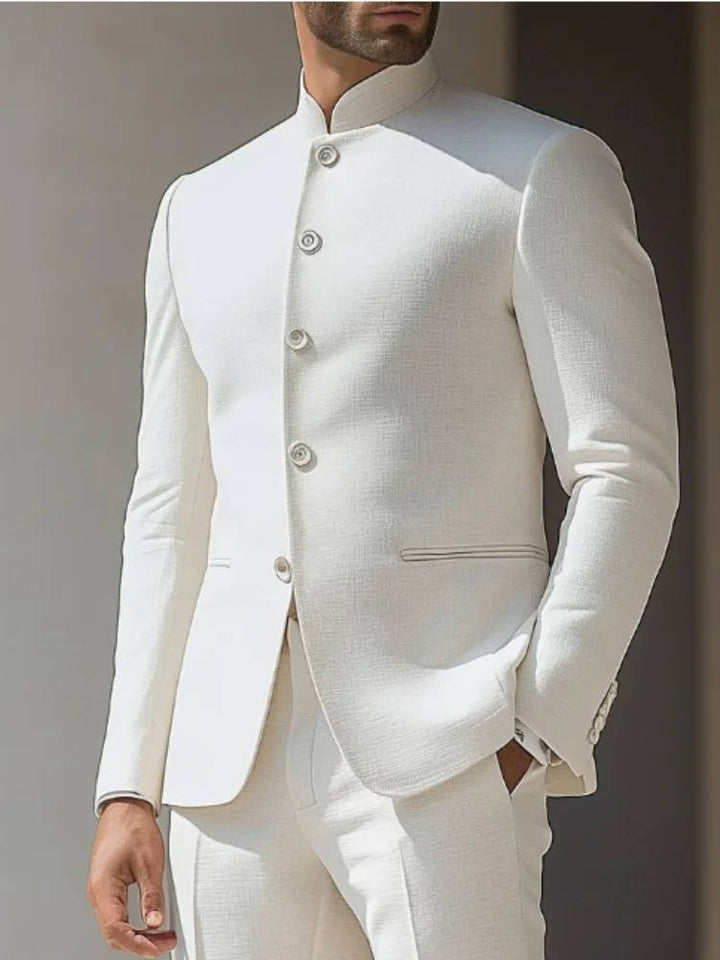 Men's slim fit Nehru suit with band collar, perfect for modern formal wear and special occasions like weddings.