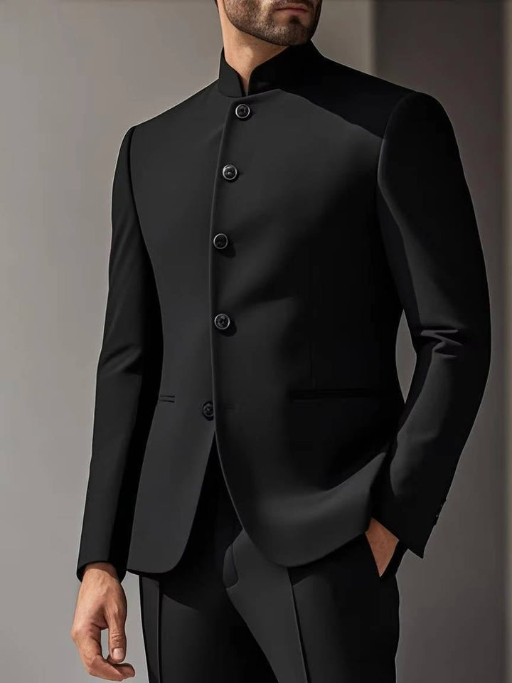 Modern men's band collar Nehru suit set. Formal wedding or party wear, offering a sophisticated and elegant look.