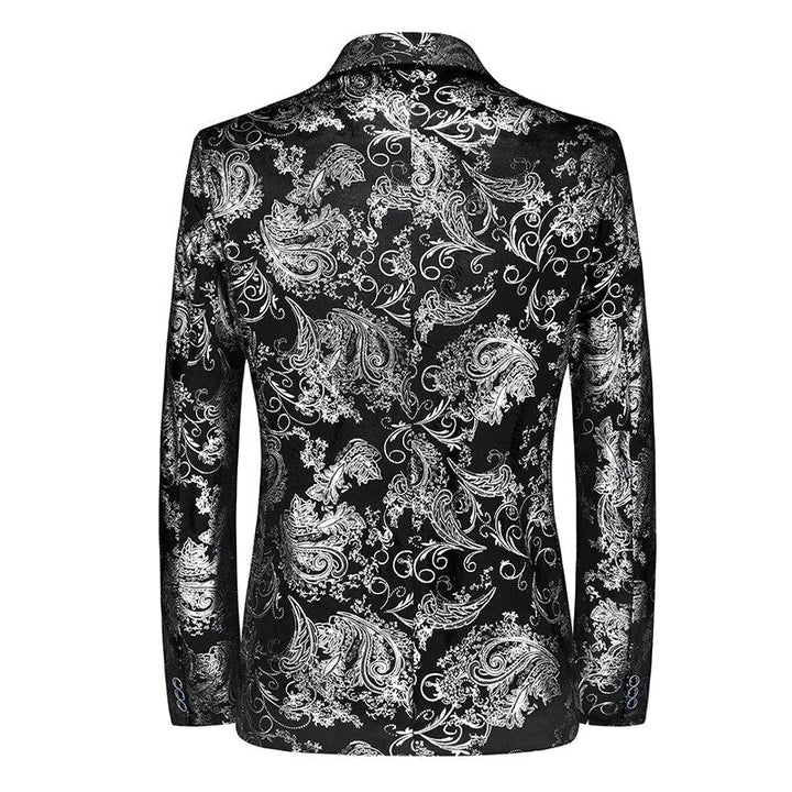 Close-up of elegant men's slim-fit blazer, showcasing unique pattern & quality fabric. Sophisticated suit jacket.