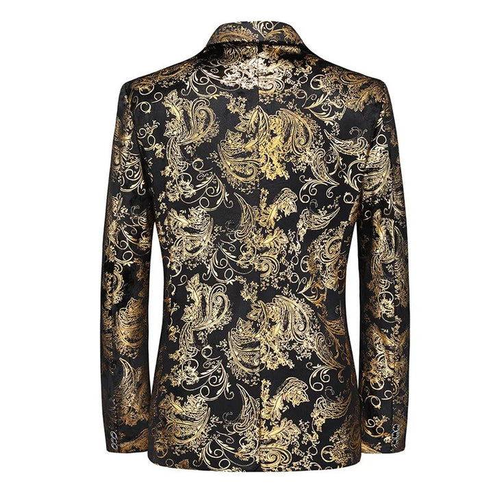 Man wearing a modern slim-fit patterned blazer, perfect for special occasions or smart casual looks. Elegant.