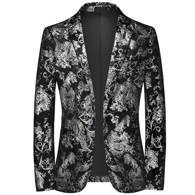 Tailored men's slim-fit patterned blazer, highlighting its modern cut & elegant silhouette. Versatile formalwear.