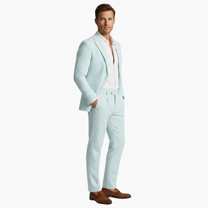Modern men's slim fit pinstripe two-piece summer suit. Sharp look, lightweight comfort for formal & casual.
