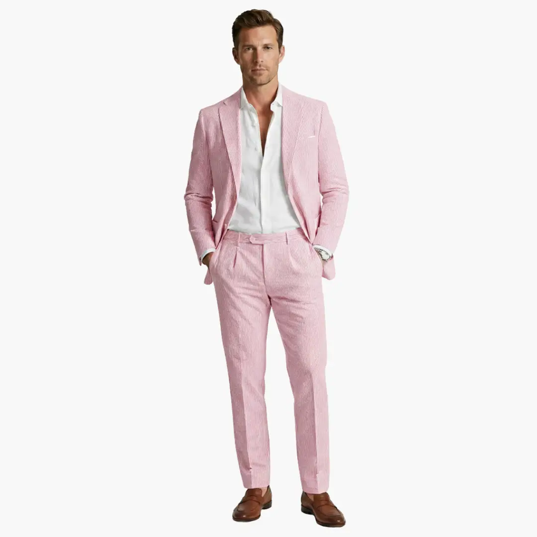 Sharp slim fit men's pinstripe two-piece summer suit. Sophisticated formal, smart casual ensemble for men.