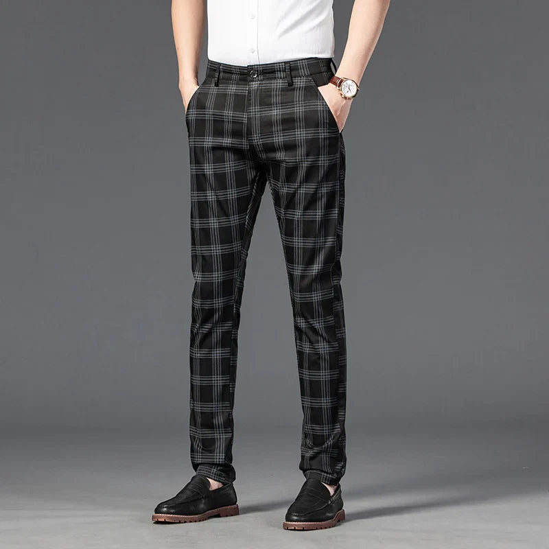 Men's slim fit plaid dress trousers in gray, perfect for formal or smart casual wear.