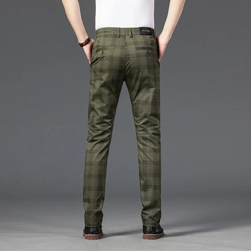 Full shot of men's stretch fabric slim fit plaid pants, ideal for comfortable daily wear.