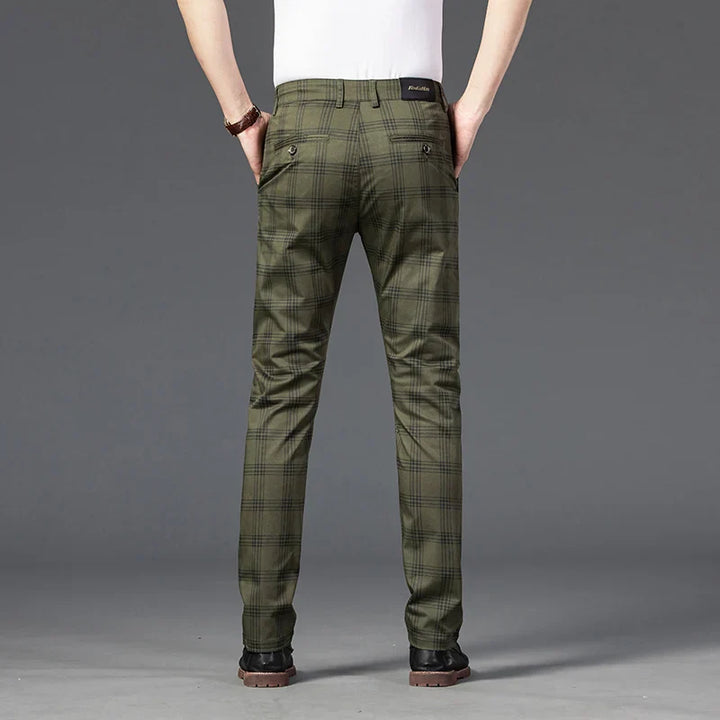 Full shot of men's stretch fabric slim fit plaid pants, ideal for comfortable daily wear.