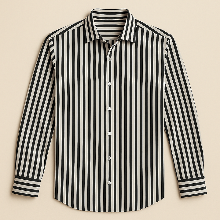 Performance men's polo with striped design. Smart casual and business style, offering all-season comfort.