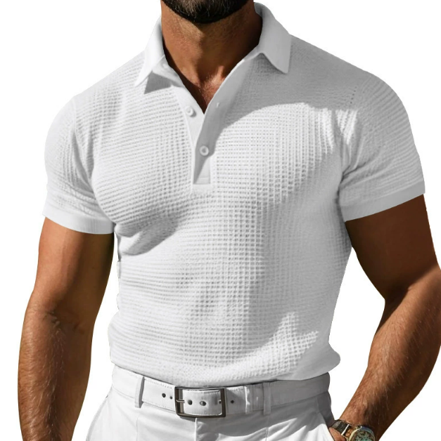 Men's slim fit polo shirt with a stylish textured collar, perfect for smart casual and everyday spring/summer wear.