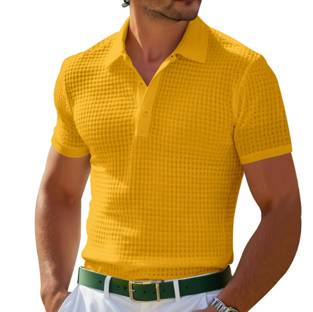 Versatile men's short sleeve slim fit polo with a unique textured collar, ideal for casual and smart casual outfits.