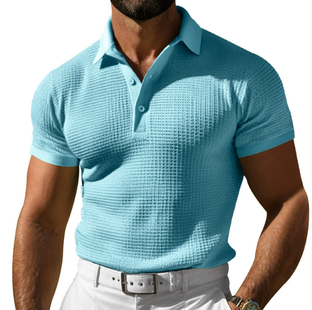 Stylish men's slim fit short sleeve polo shirt featuring a distinctive textured collar, great for summer fashion.